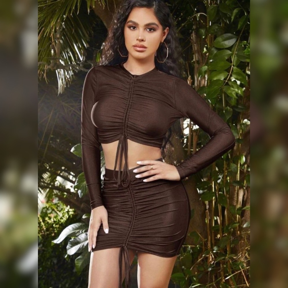 Drawstring Front Top & Bodycon Skirt Set